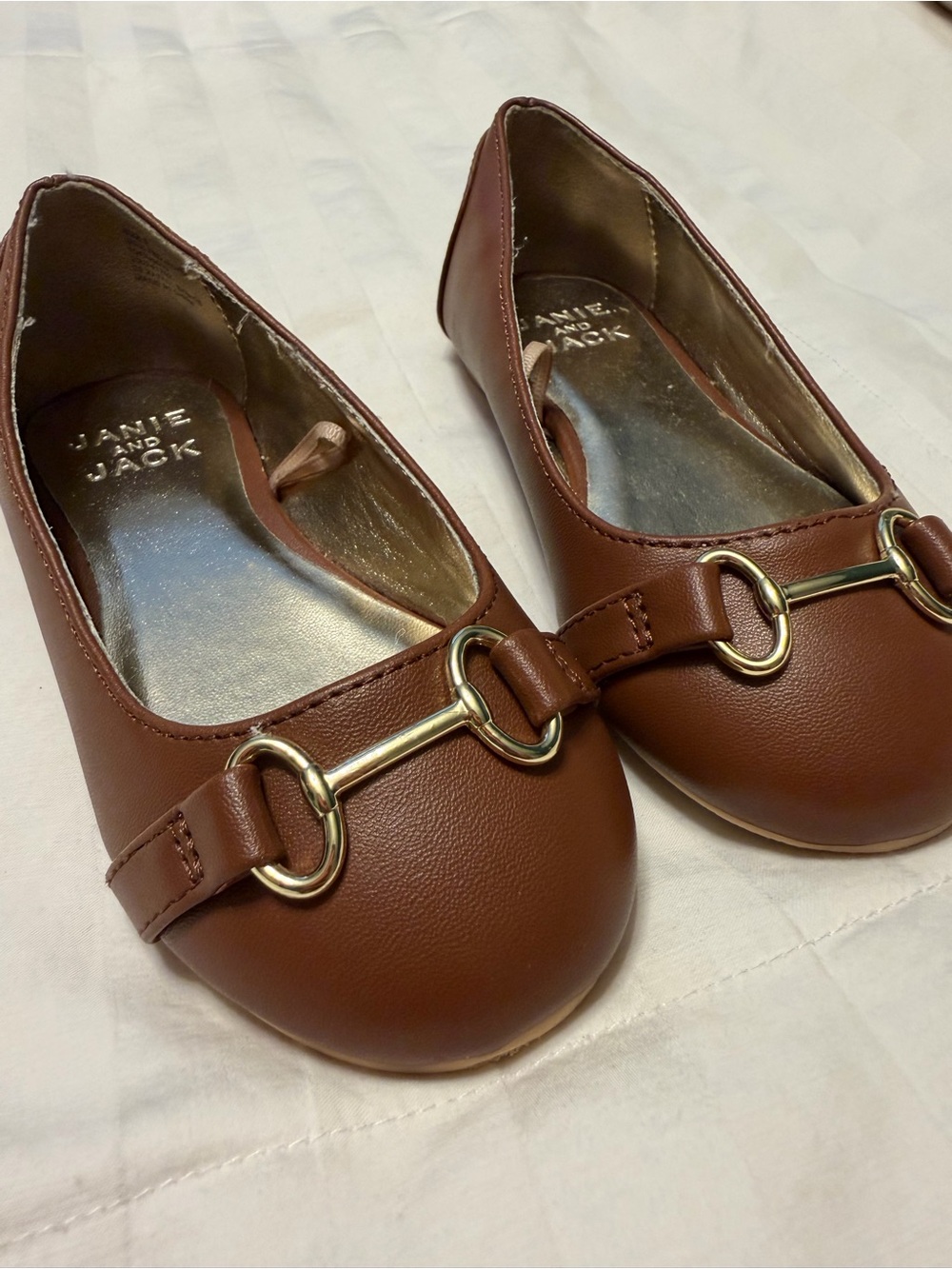 Janie and Jack Brown Girls' Faux-Leather Dress Flats with Gold Bit